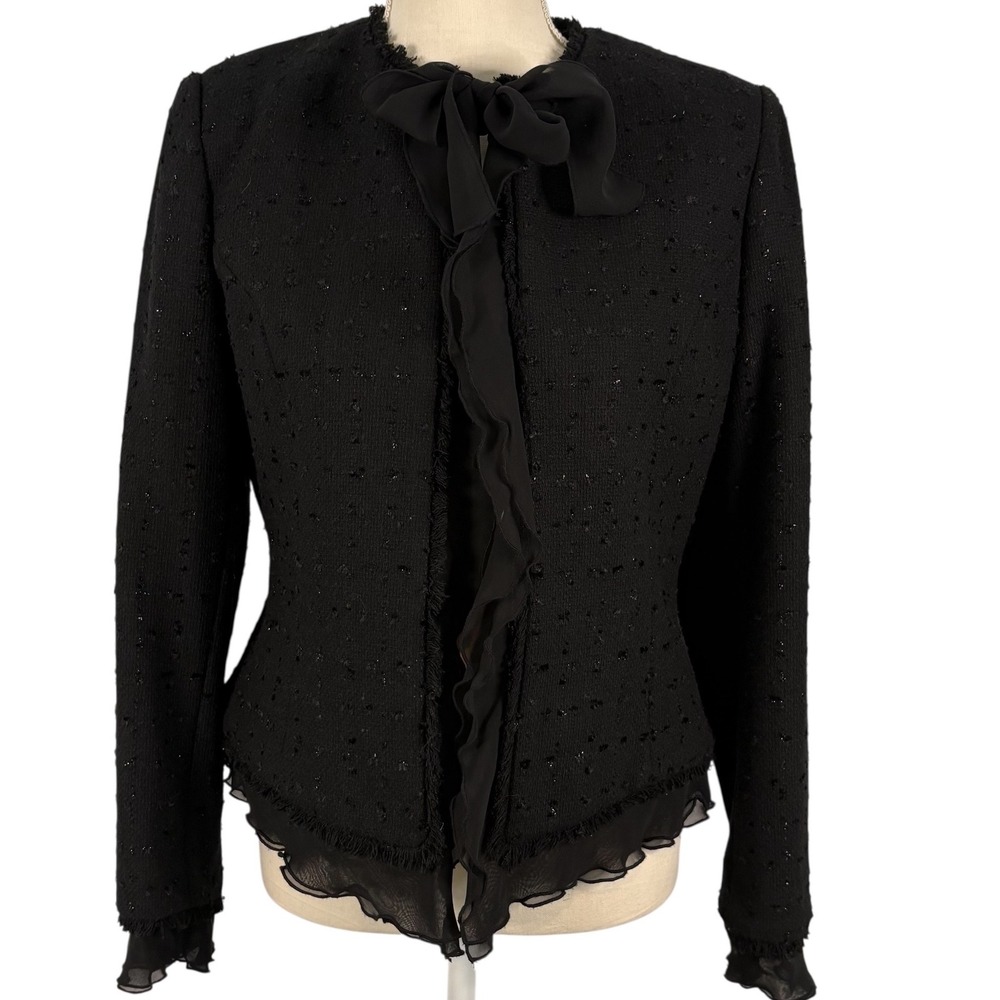 Perry Ellis Black Blazer Tweed Wool Blend Ruffle Bow Jacket Womens Size 8‎